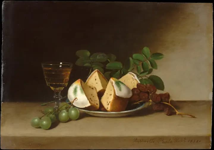 Still life with cake, raisins and wine